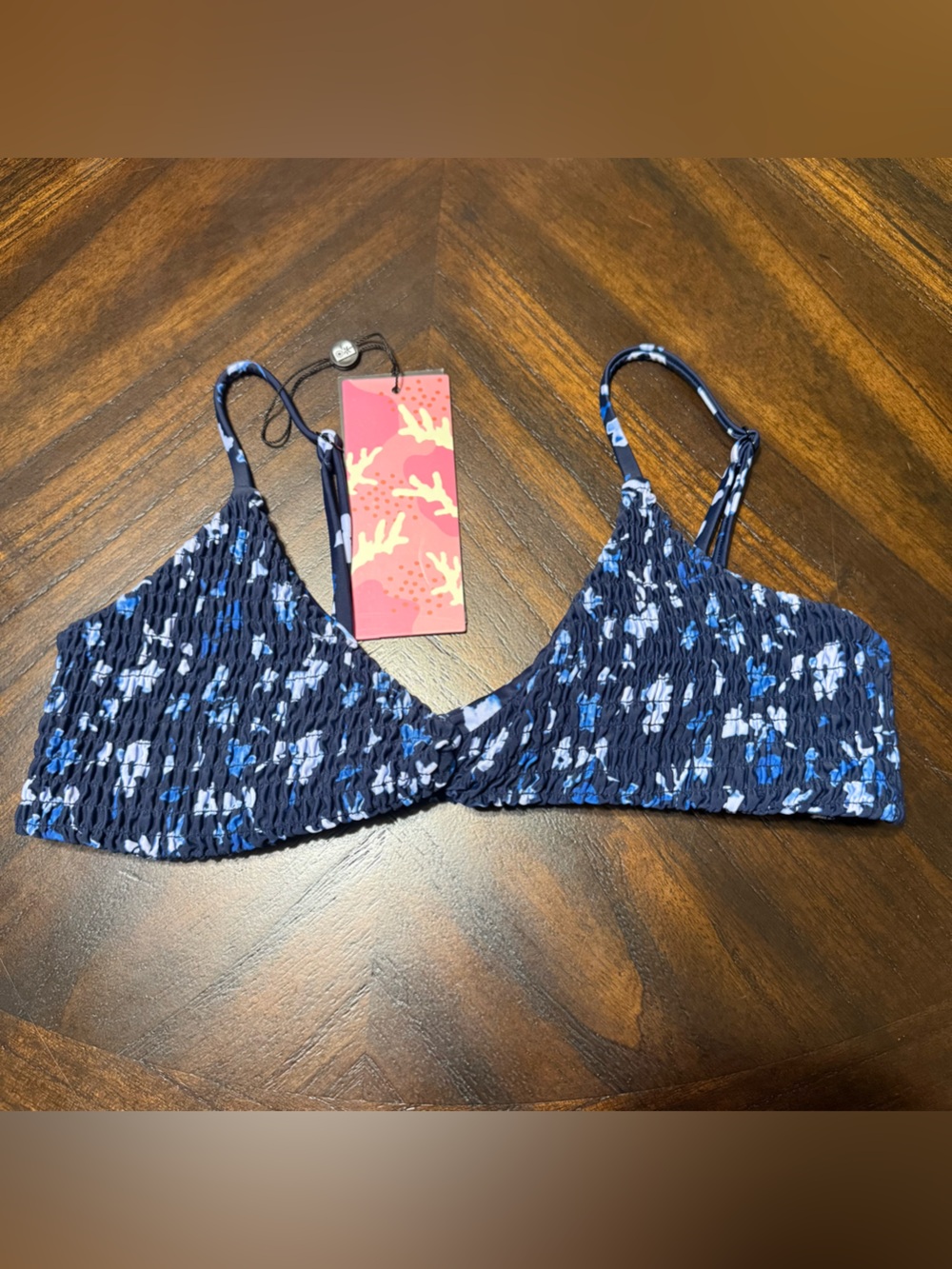 NWT Black Bough Bikini Top Blue Floral Smocked Large Adjustable straps